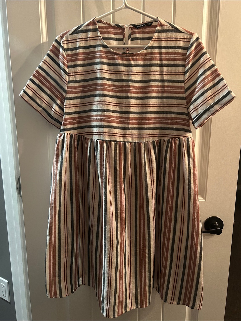 SHEIN Striped Short Sleeve Babydoll Dress in Rust, Cream & Navy